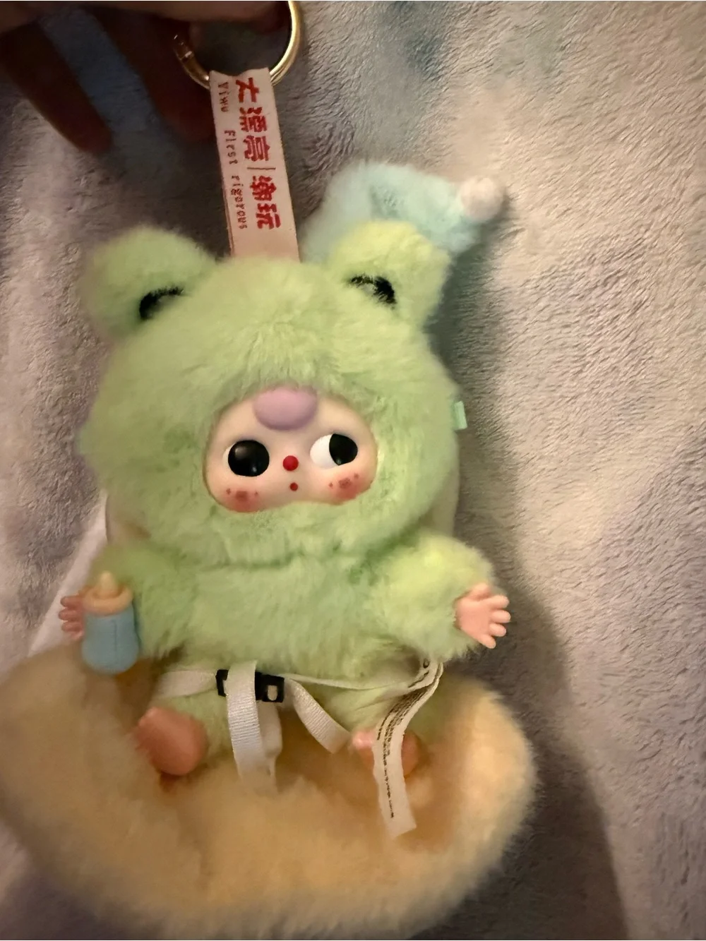 Plush Green Frog Hood Baby Doll Keychain - Cute Stuffed Animal Accessory